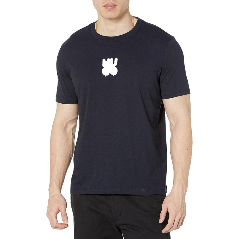 Playera Hugo Azul Logo Grafitti Hugo En Color Blanco