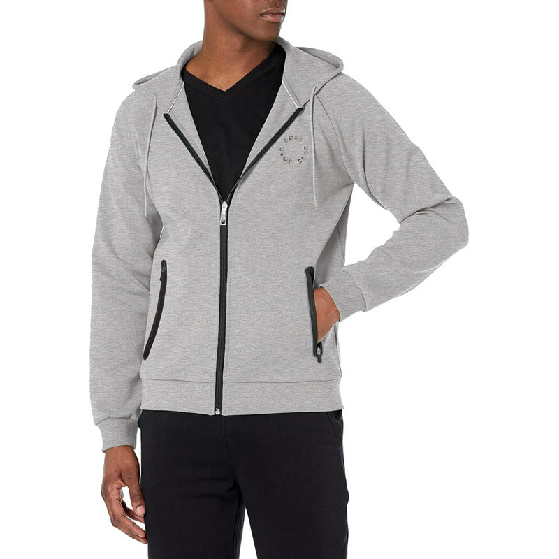 Hoodie Boss Gris Con Cierre Logo Lateral En Circulo