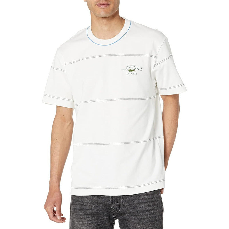 Playera Lacoste Vintage Blanco Rallas Verdes Mod. Th5364