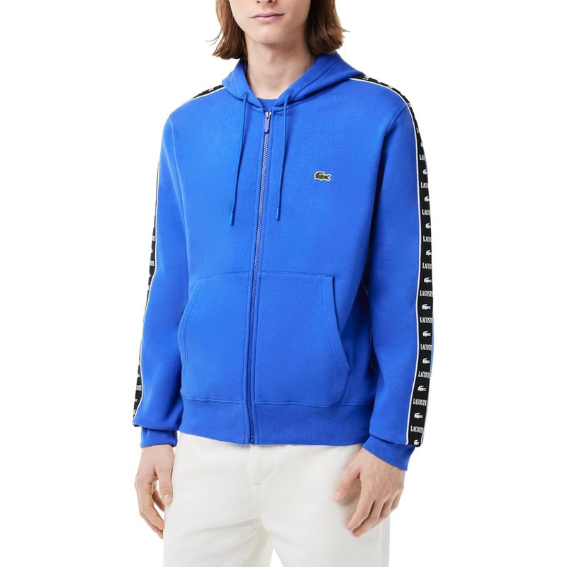 Sudadera Lacoste Azul Sh7457 Logos En Brazo Con Gorro