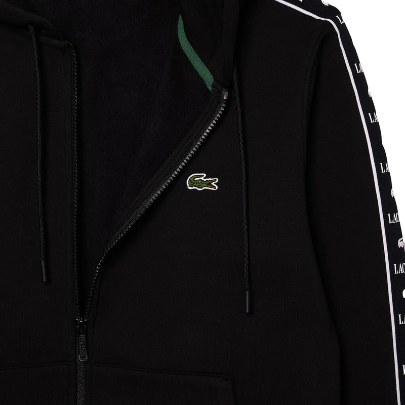 Sudadera Lacoste Negro Sh7457 Logos En Brazo Con Gorro
