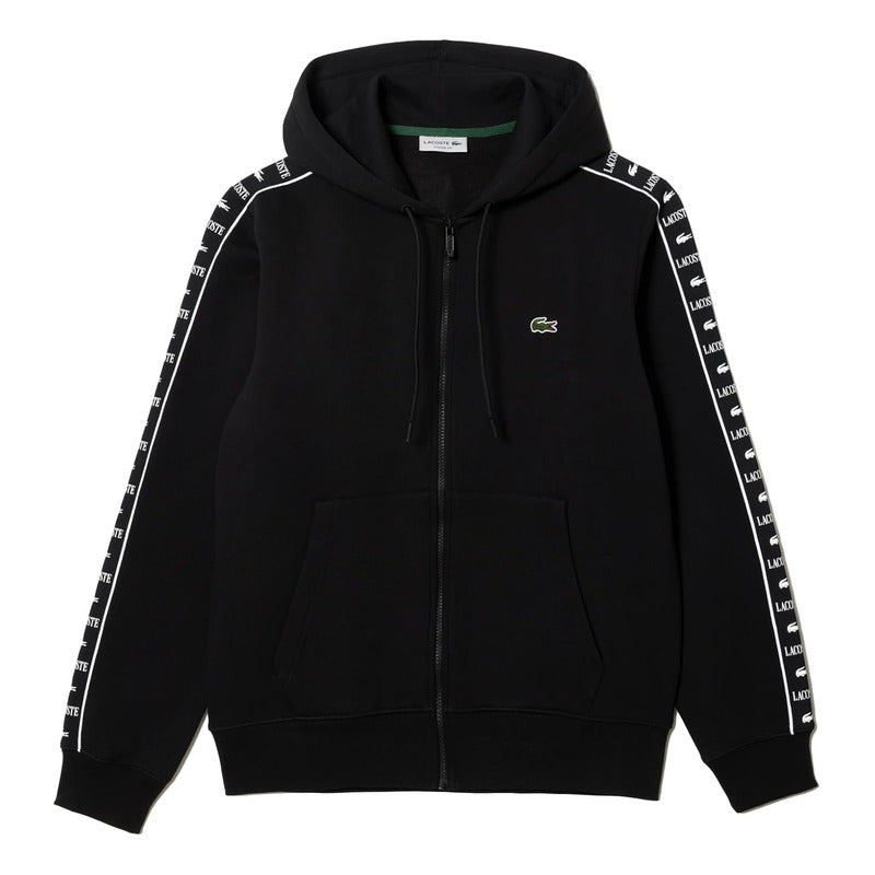 Sudadera Lacoste Negro Sh7457 Logos En Brazo Con Gorro