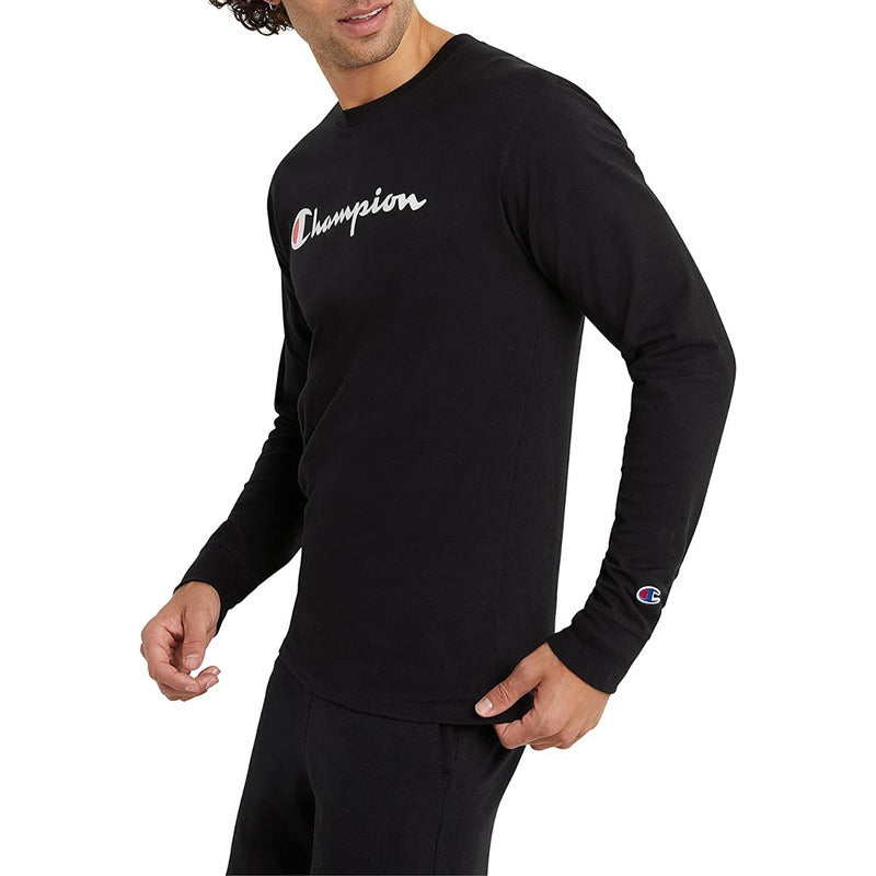 Playera Champion Negro Logo Central Original Manga Larga