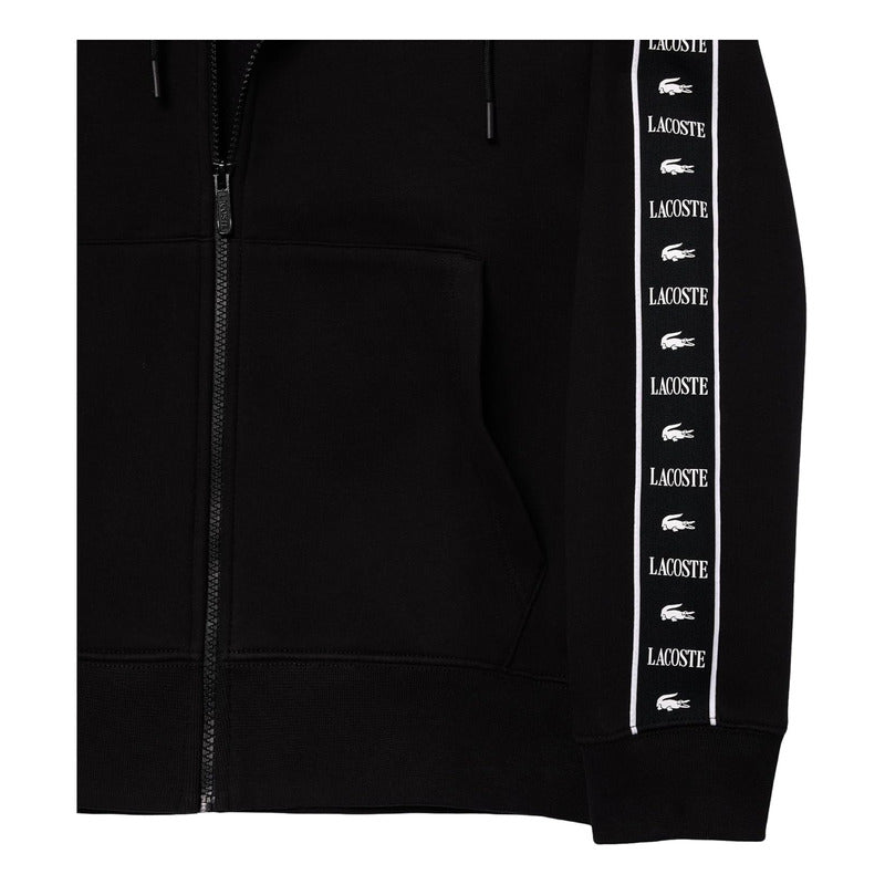 Sudadera Lacoste Negro Sh7457 Logos En Brazo Con Gorro