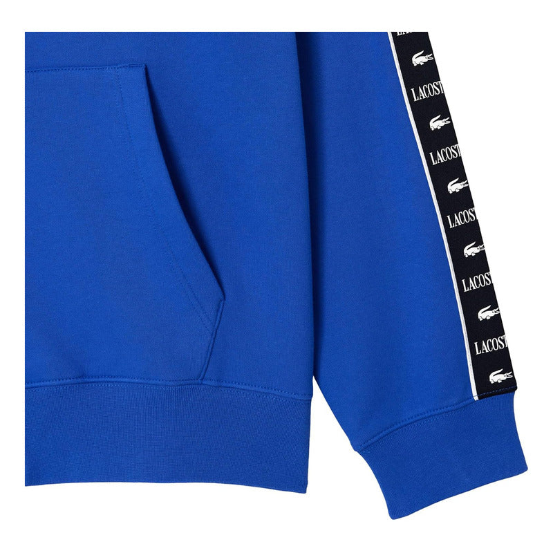 Sudadera Lacoste Azul Sh7457 Logos En Brazo Con Gorro